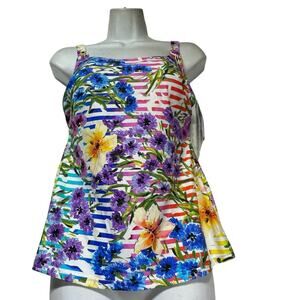 Anita Floral Tankini Swim Top Shelf Bra 38B Rainbow Stripe Tropical Print